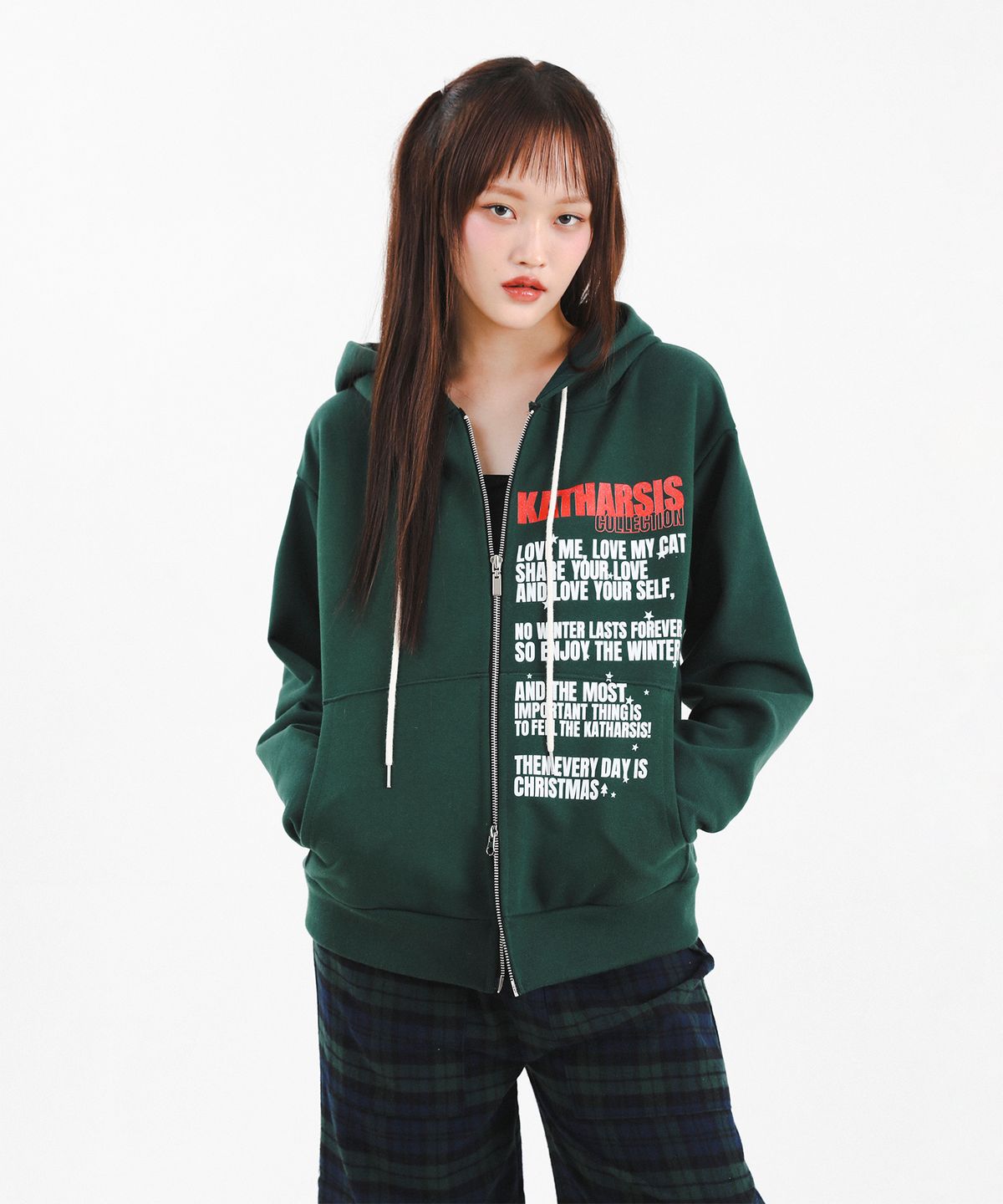 카타르시스(KATHARSIS) 레터링 오버사이즈 후드집업 그린 ONE SIZE