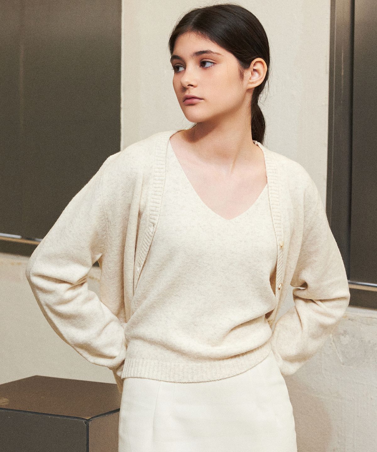 랭5(LANG5) [MUI] WOOL CARDIGAN SET [뮤이] 울 가디건 세트_크림
