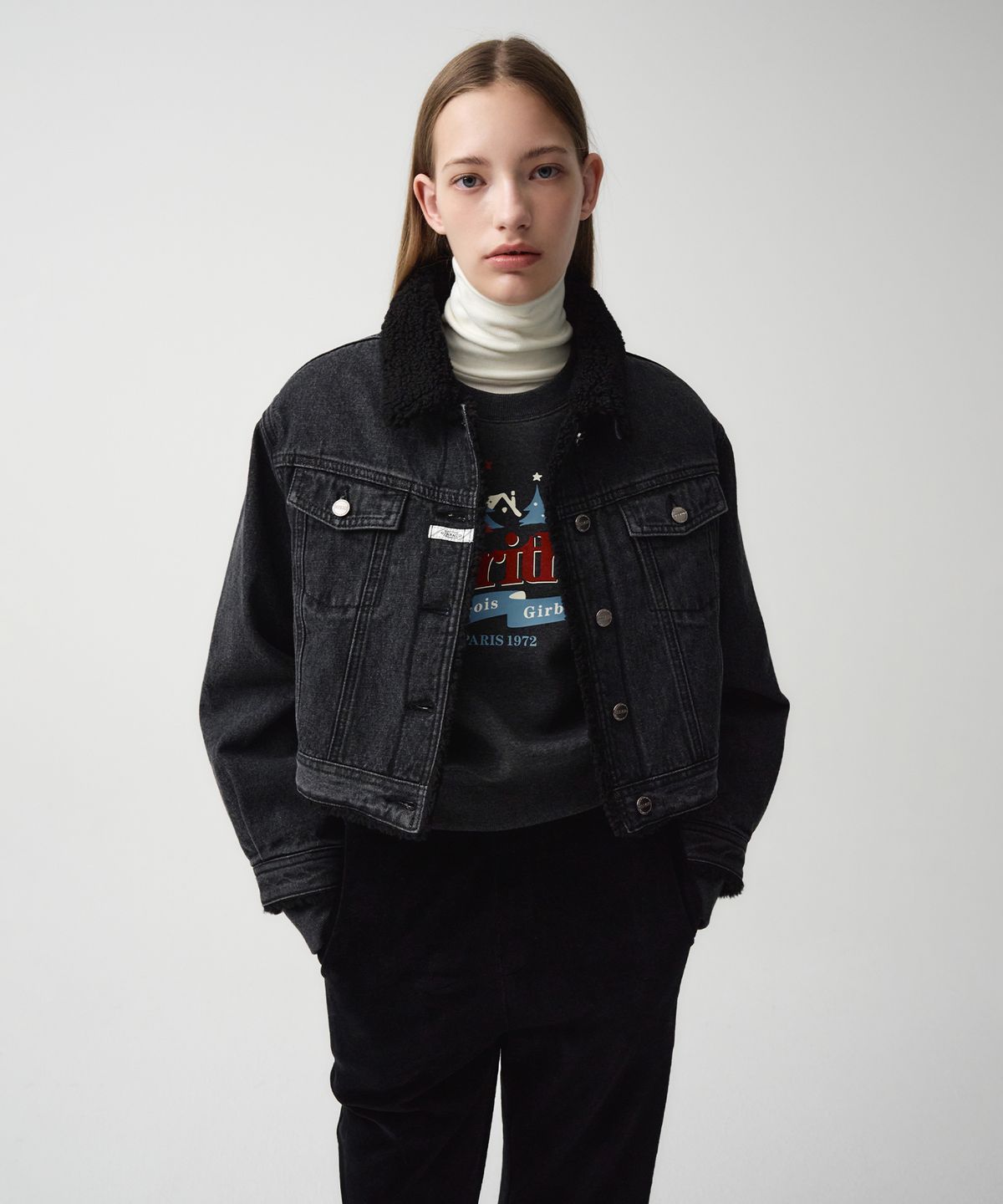 마리떼 프랑소와 저버(MARITHÉ + FRANҪOIS GIRBAUD) W CROP SHEARLING DENIM JACKET black