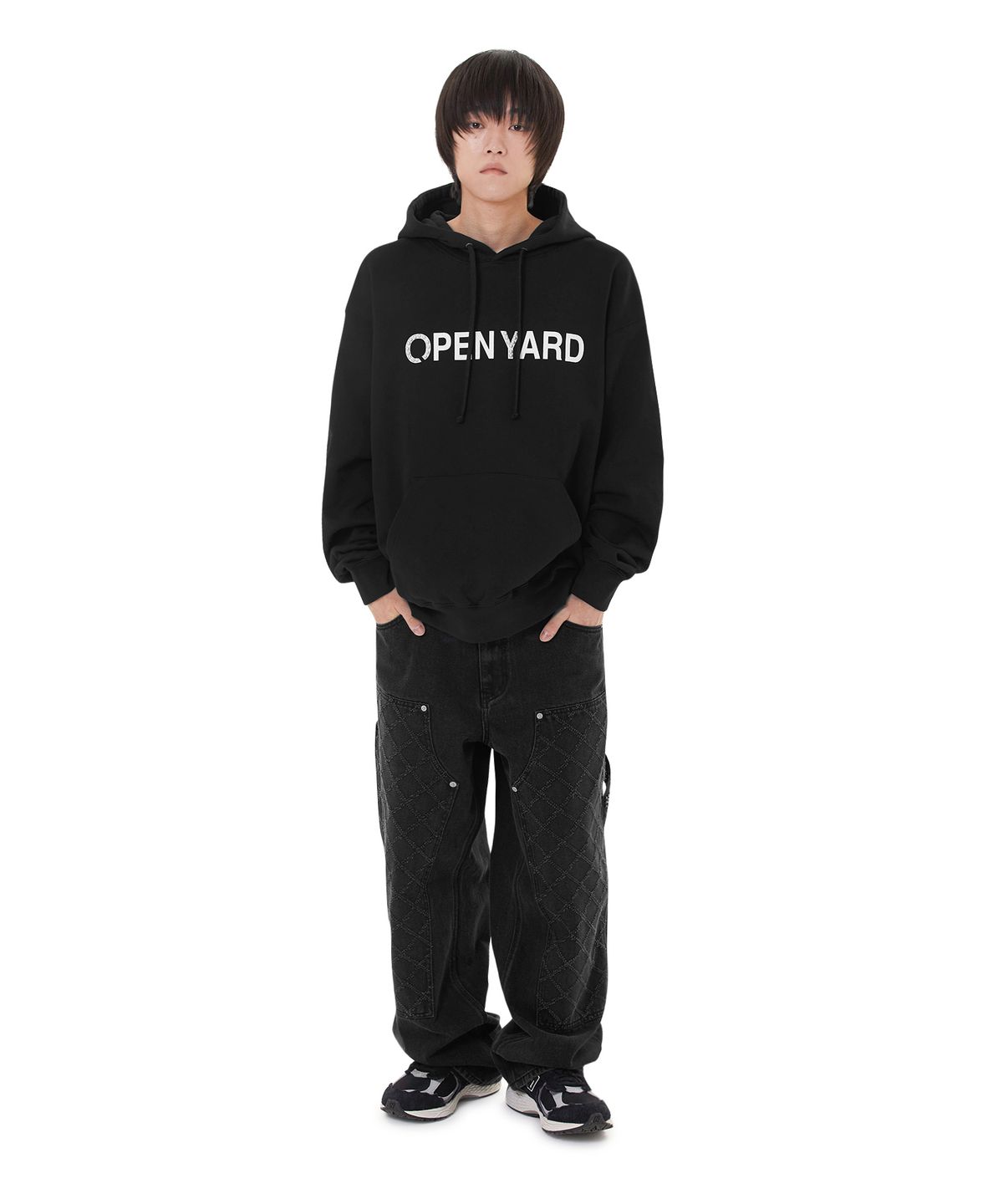 오픈야드(오와이)(OPENYARD(OY)) PEARL STUD LOGO HOODIE - BLACK