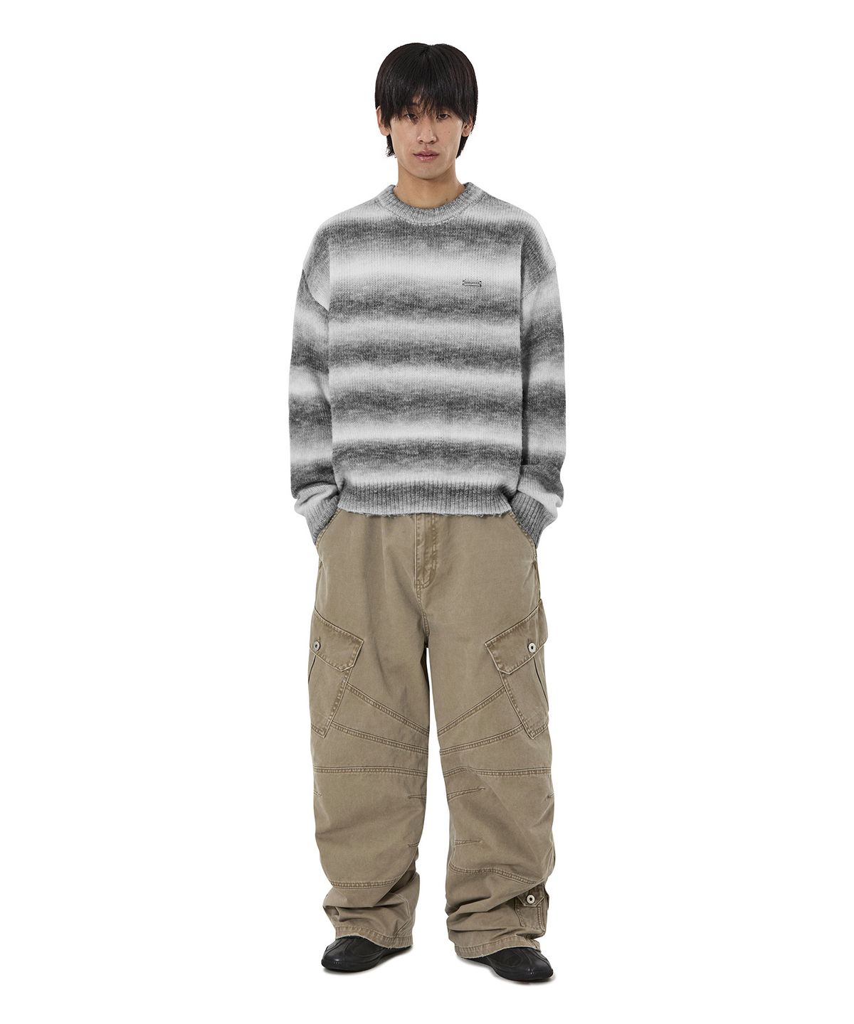 오픈야드(오와이)(OPENYARD(OY)) HAIRY GRADIENT STRIPED KNIT - BLACK