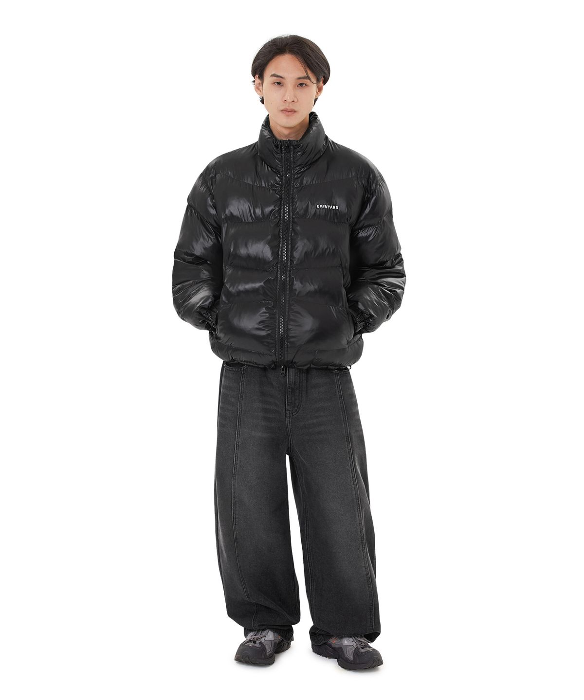 오픈야드(오와이)(OPENYARD(OY)) DISTRESSED STITCH PUFFER JACKET - GLOSSY BLACK