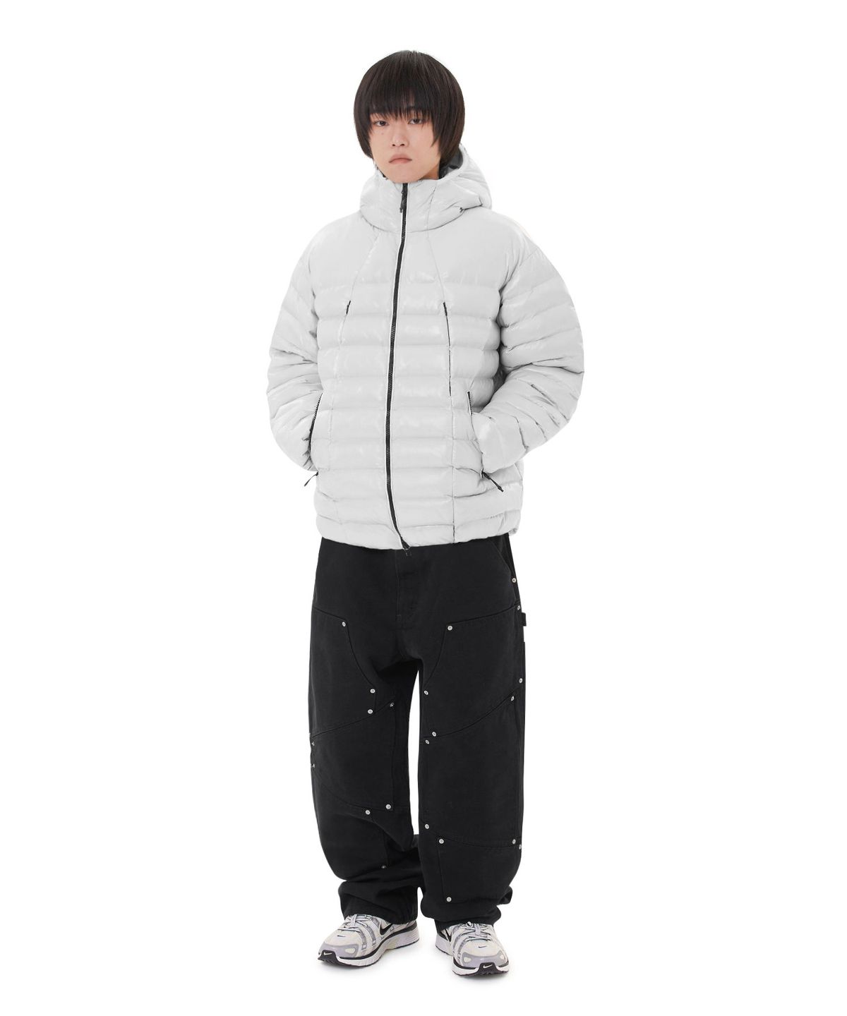 오픈야드(오와이)(OPENYARD(OY)) CURVED ZIPPER LIGHTWEIGHT PUFFER JACKET - GLOSSY LIGHT GREY