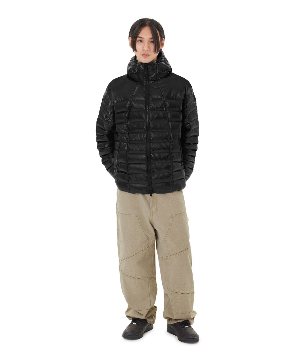 오픈야드(오와이)(OPENYARD(OY)) CURVED ZIPPER LIGHTWEIGHT PUFFER JACKET - GLOSSY BLACK