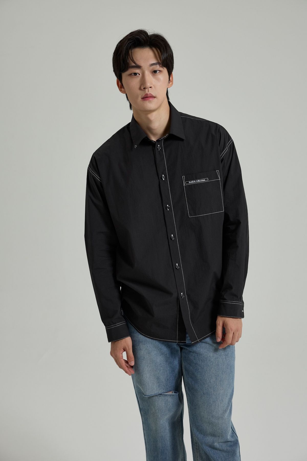 셀피시어펙션(SELFISHAFFECTION) Contrast Stitch Oversized Shirt (Black)