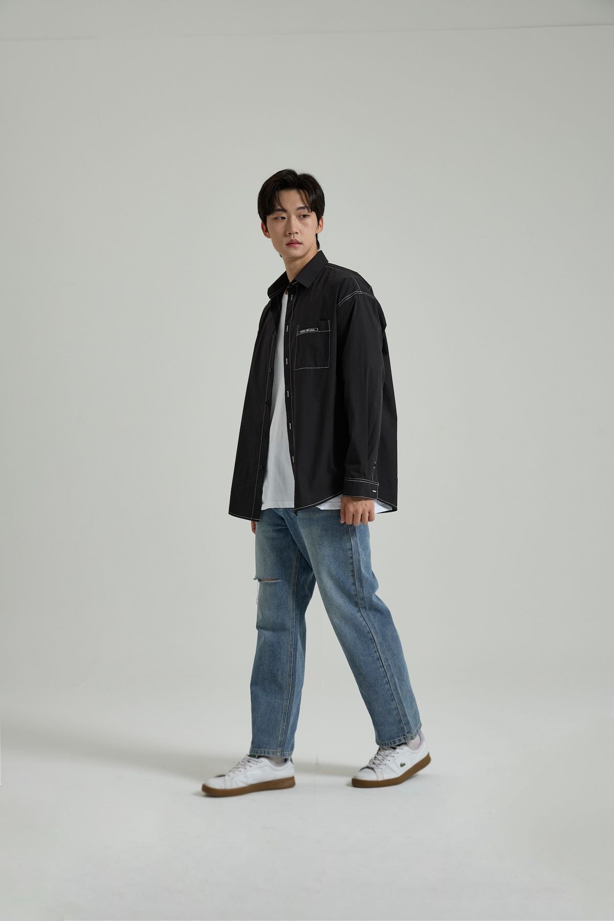 셀피시어펙션(SELFISHAFFECTION) Contrast Stitch Oversized Shirt (Black)