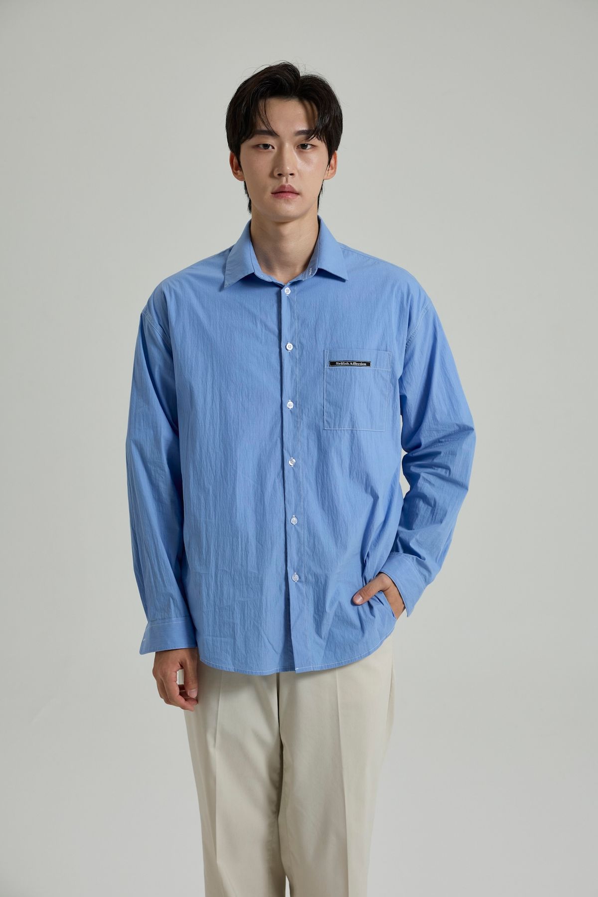 셀피시어펙션(SELFISHAFFECTION) Contrast Stitch Oversized Shirt (Blue)