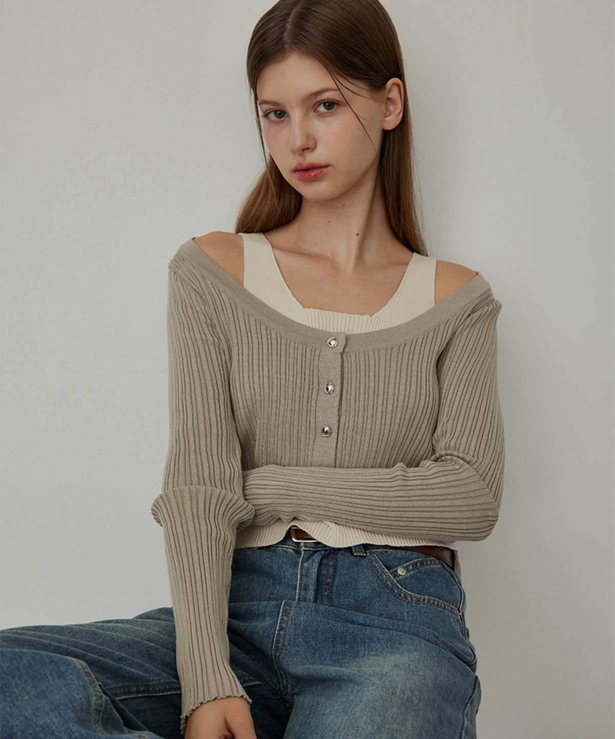하이버넷(HYBERNAT) Layered Crop Knit - Oatmeal