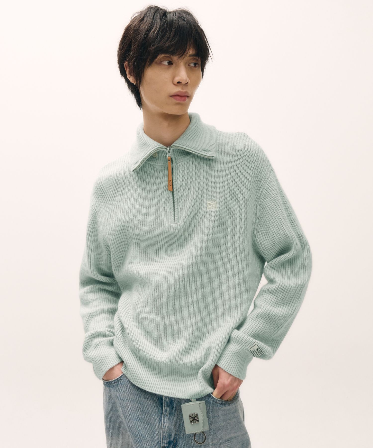 ◆SATUR◆ Button Up Sailor Half Knit Zip Up Mint SA243UKT01M MUSINSA公式 | SATUR Button up sailor half knit zip-up mint