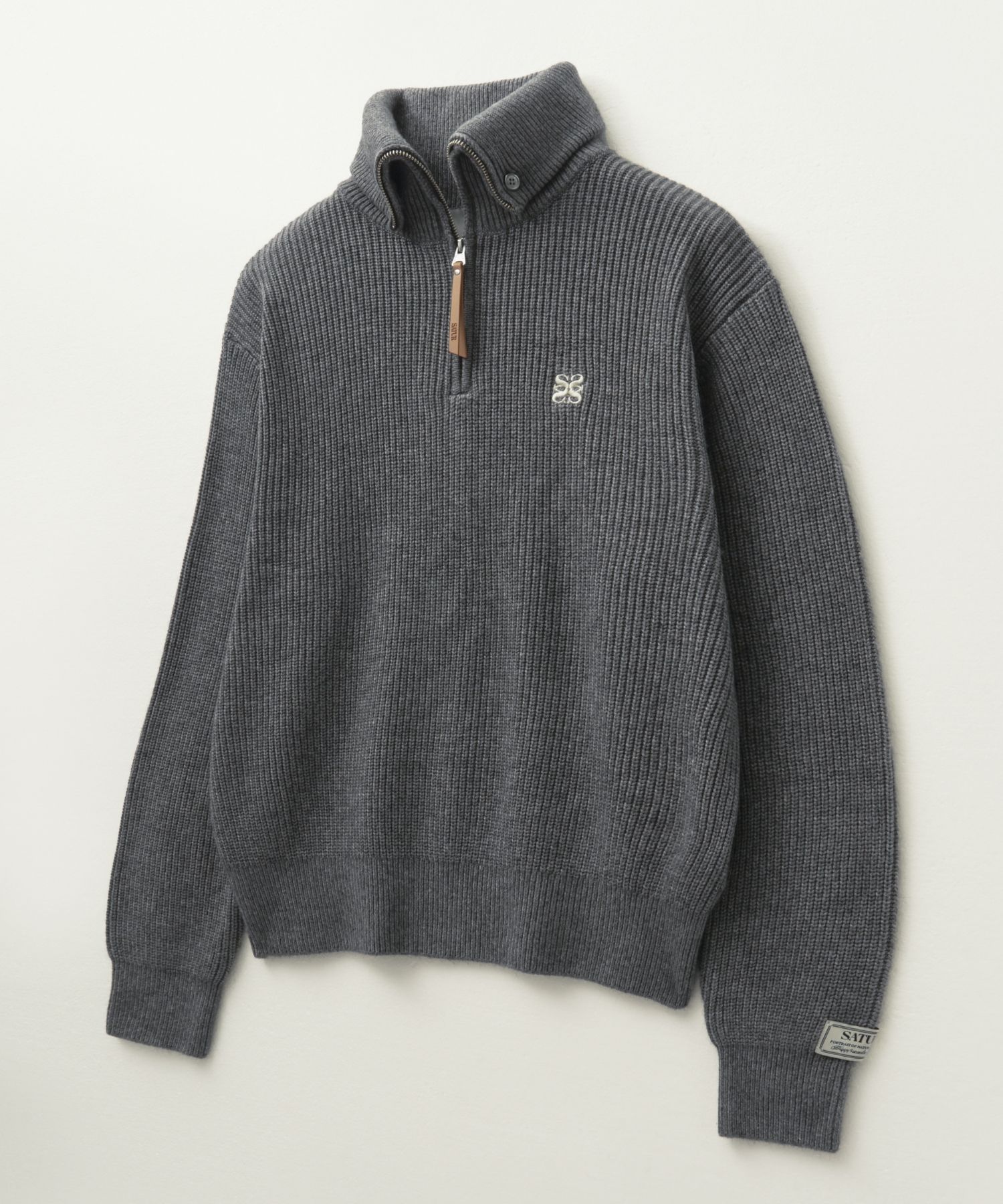 MUSINSA | SATUR Button up sailor half knit zip-up charcoal