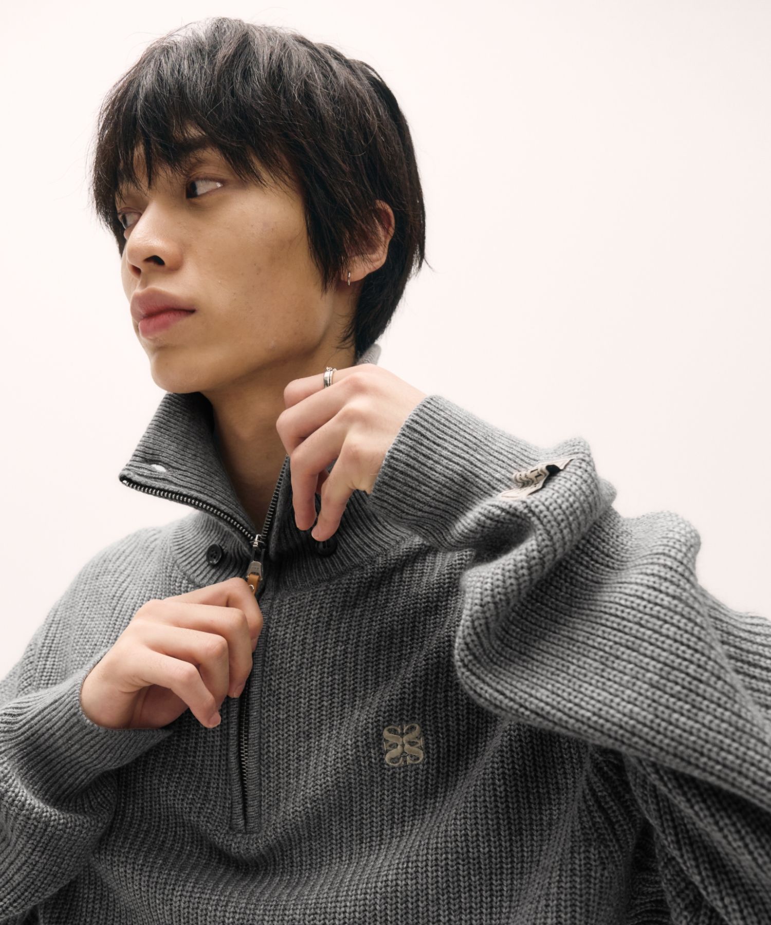 MUSINSA | SATUR Button up sailor half knit zip-up charcoal