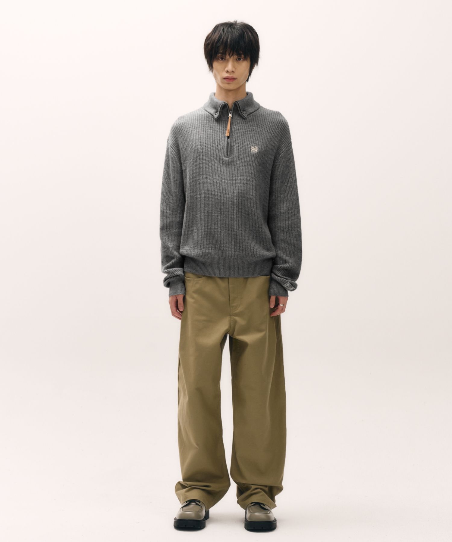 MUSINSA | SATUR Button up sailor half knit zip-up charcoal