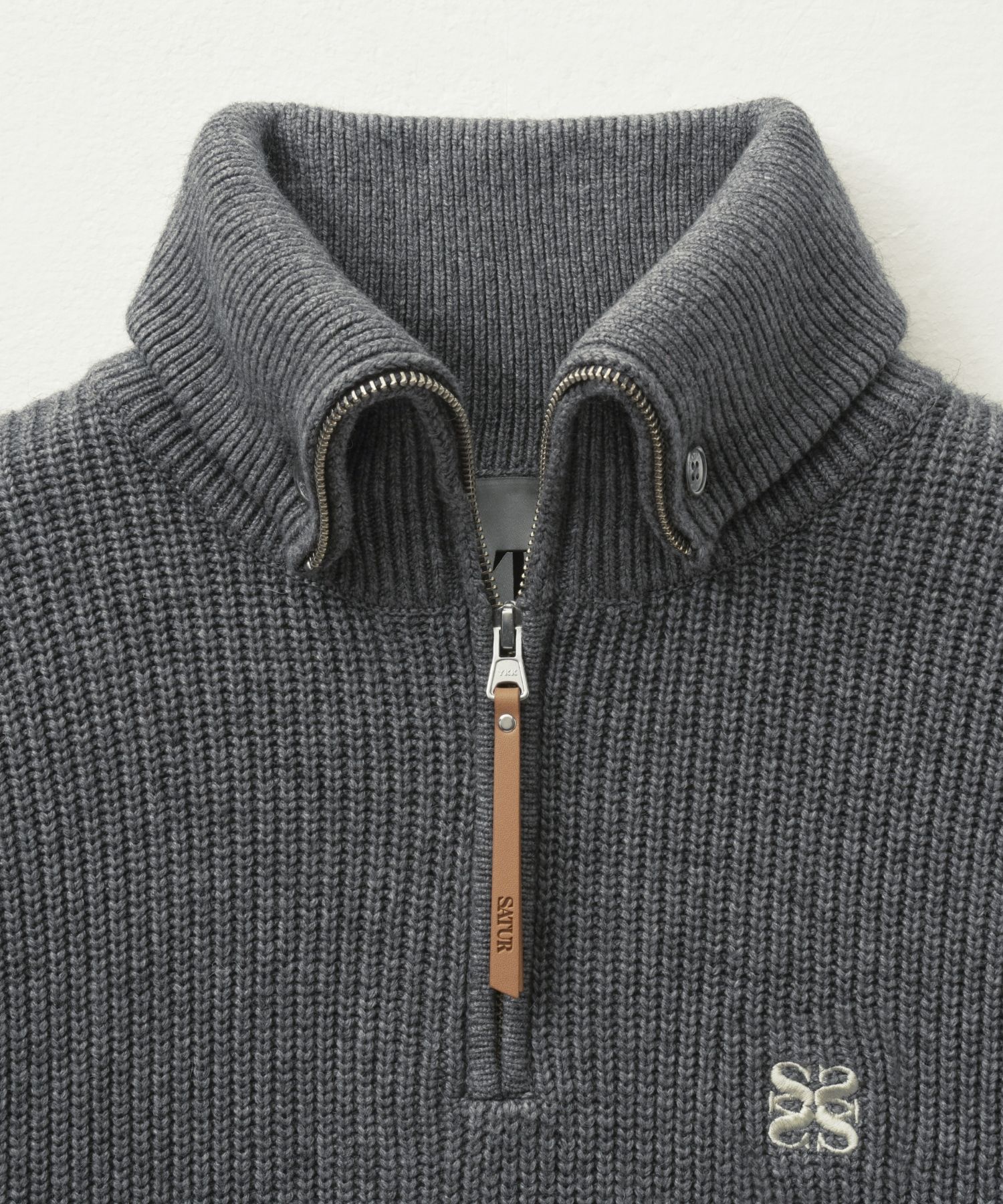 MUSINSA | SATUR Button up sailor half knit zip-up charcoal