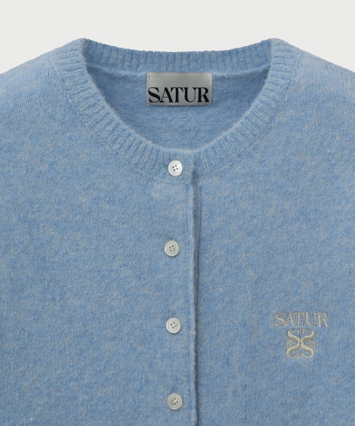 세터(SATUR) (W) 로렌 울 블렌드 크루넥 니트 가디건 스카이 블루