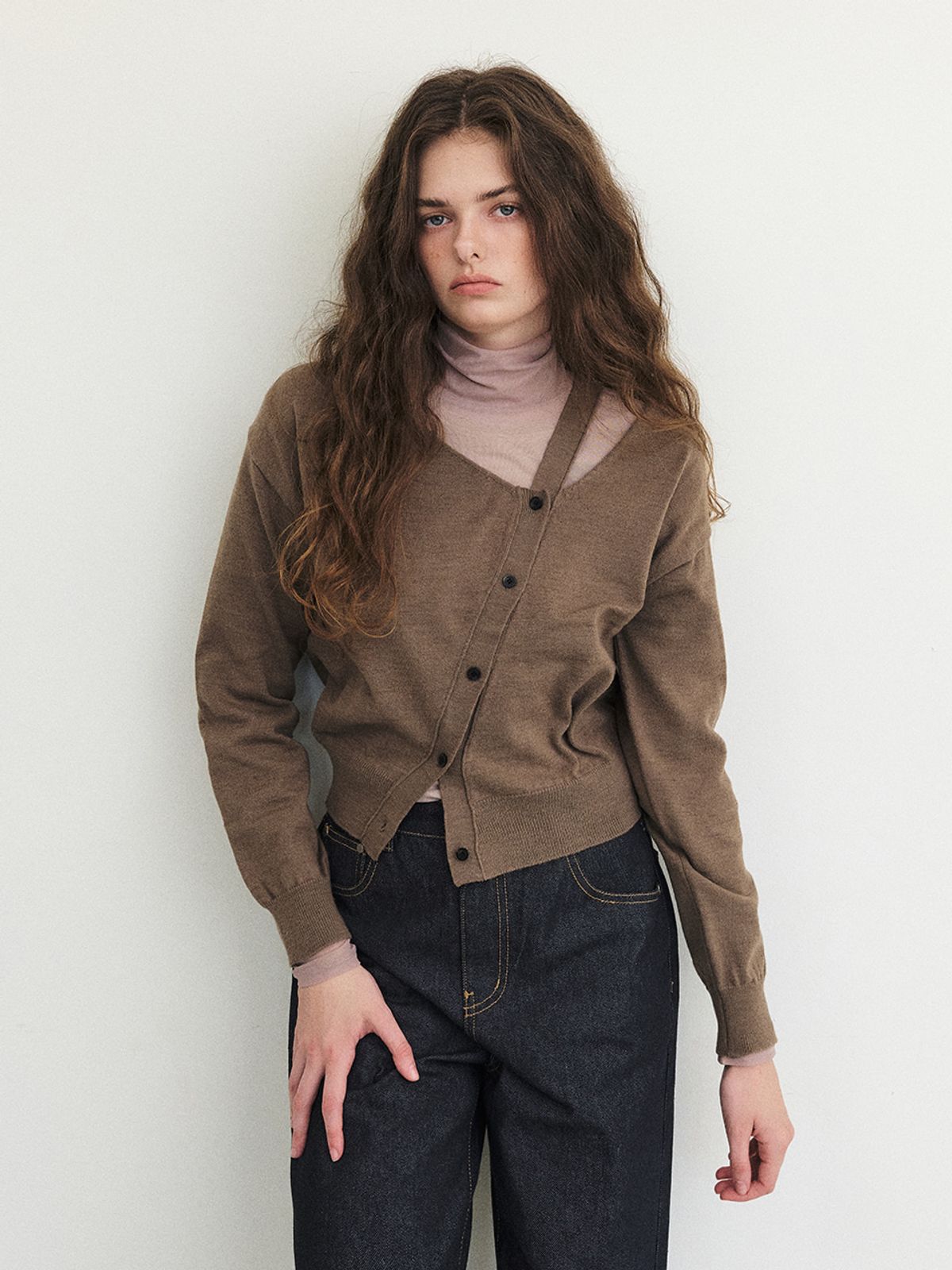 에트몽(ETMON) Cut-Out Diagonal Knit Cardigan, Mocha Beige