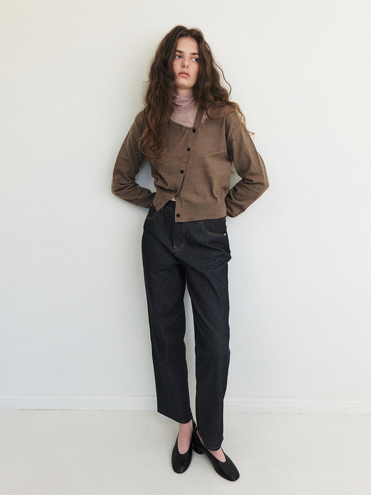 에트몽(ETMON) Cut-Out Diagonal Knit Cardigan, Mocha Beige