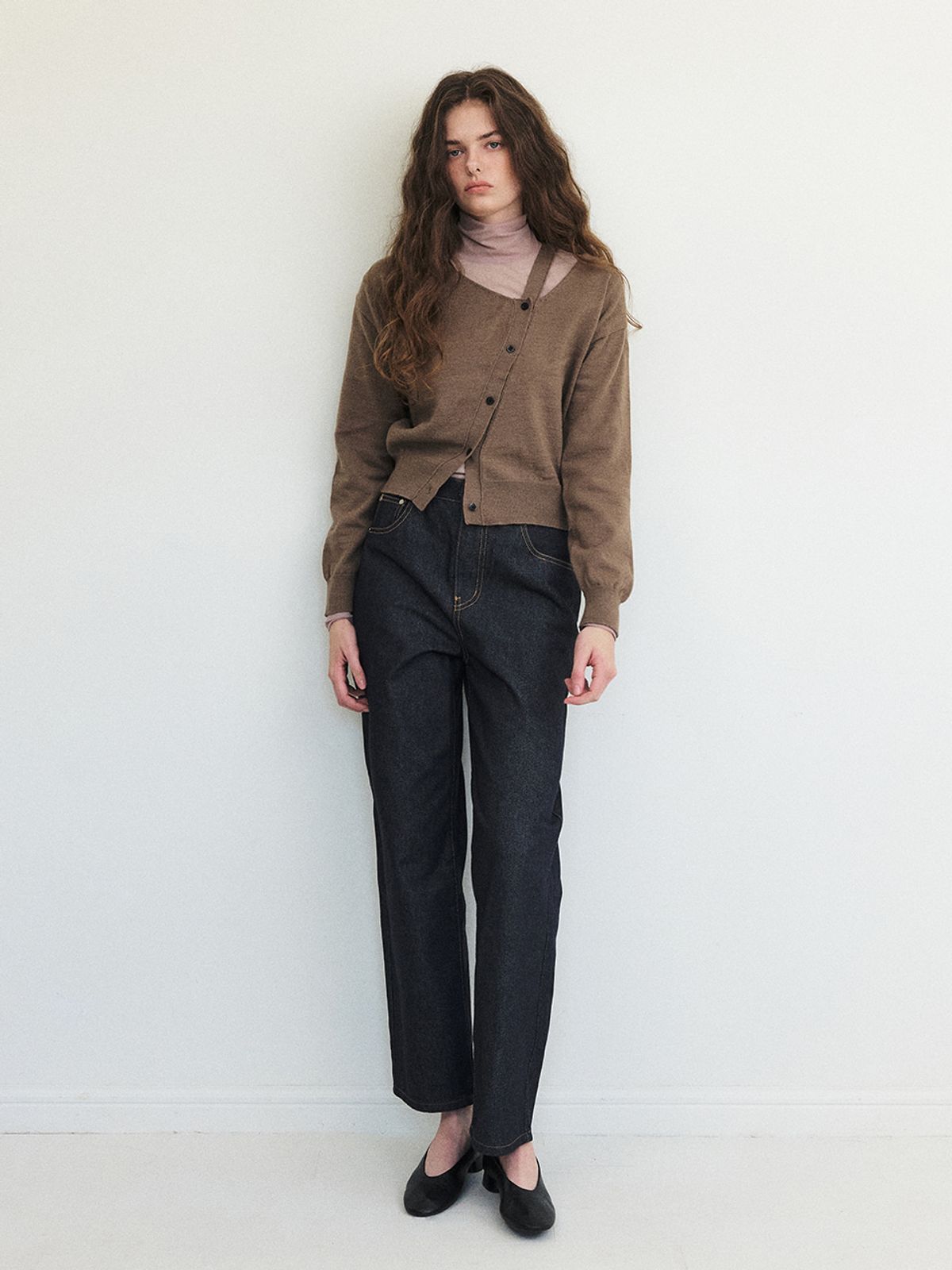 에트몽(ETMON) Cut-Out Diagonal Knit Cardigan, Mocha Beige