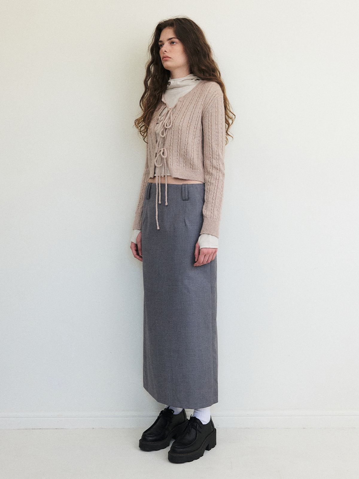 에트몽(ETMON) Cable Ribbon Knit Cardigan, Light Pink