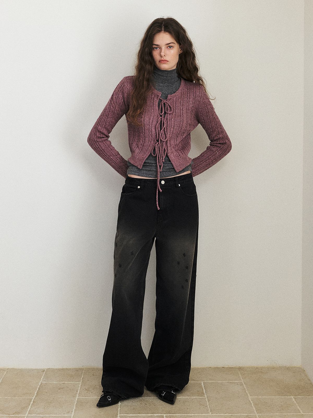 에트몽(ETMON) Cable Ribbon Knit Cardigan, Purple