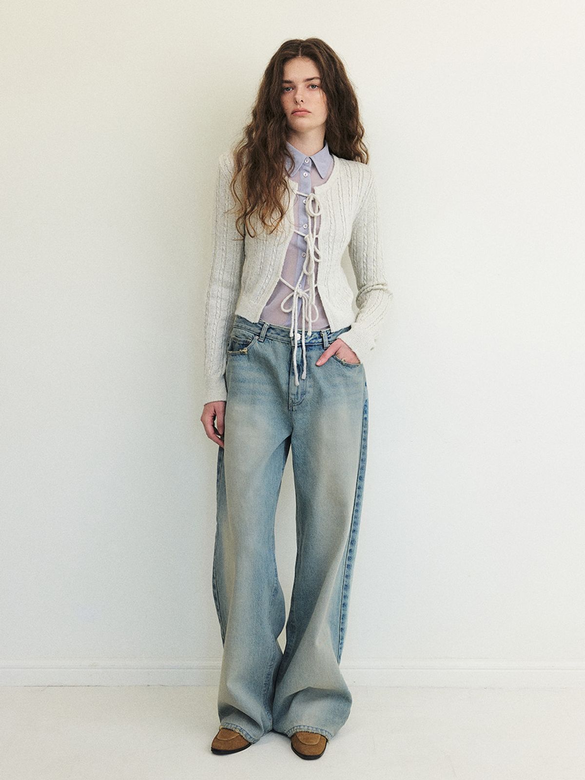 에트몽(ETMON) Cable Ribbon Knit Cardigan, Warm Grey