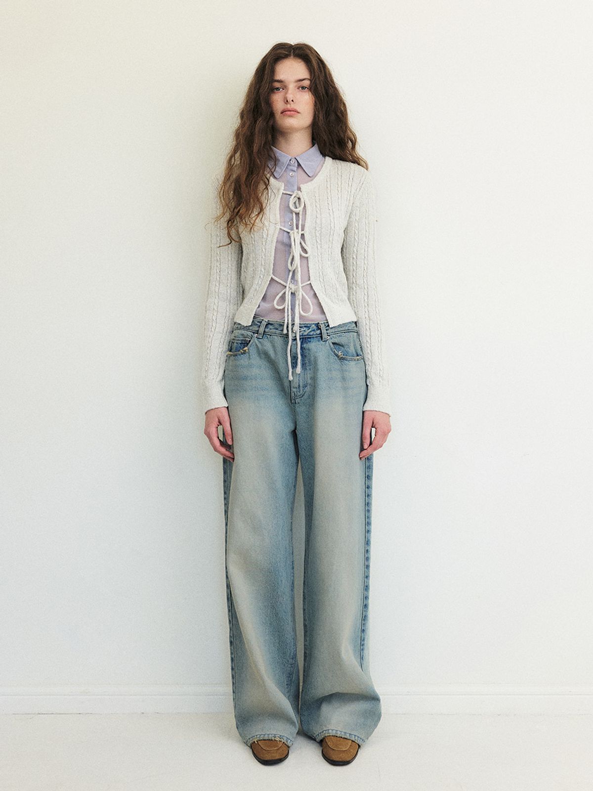 에트몽(ETMON) Cable Ribbon Knit Cardigan, Warm Grey