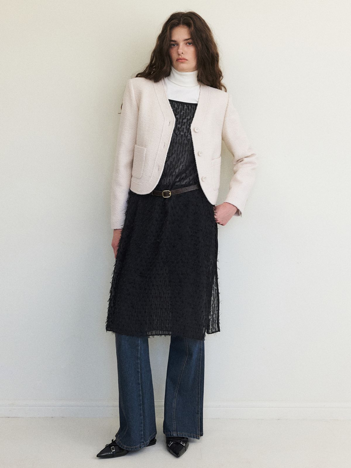 에트몽(ETMON) Curved Boucle Tweed Jacket, Ivory