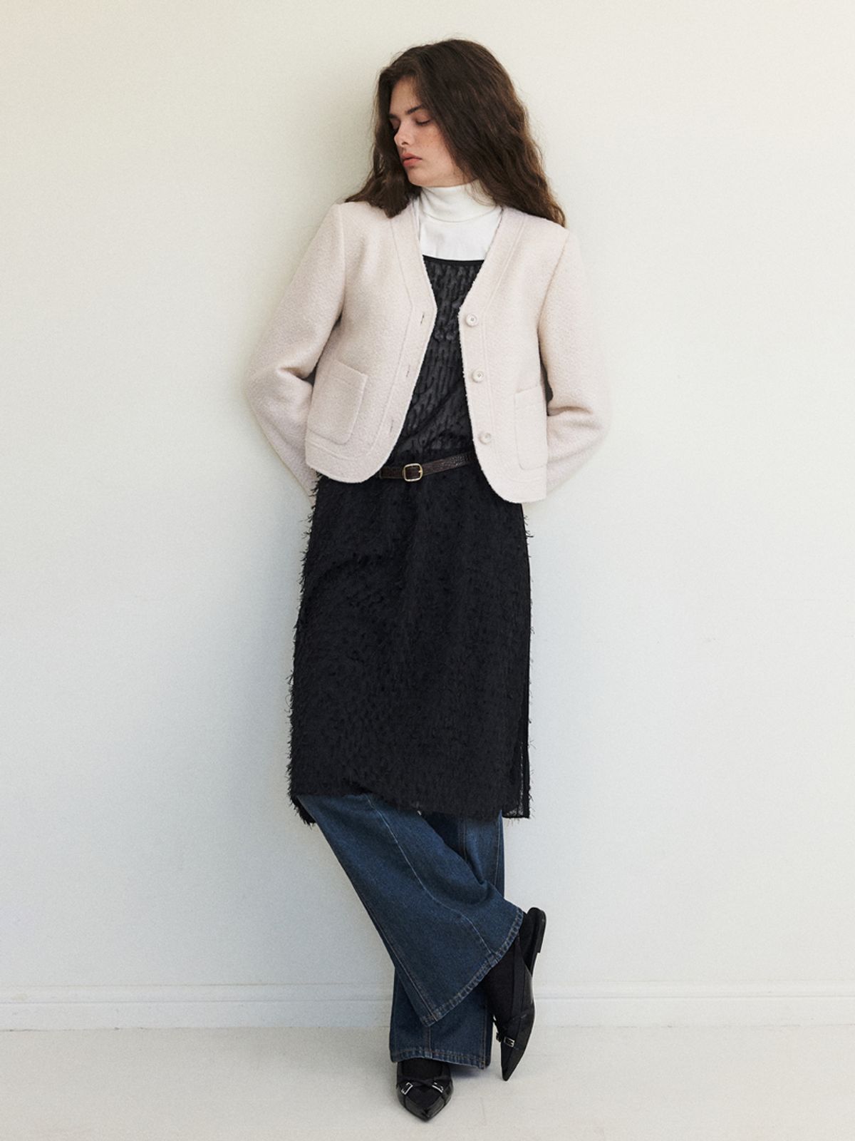 에트몽(ETMON) Curved Boucle Tweed Jacket, Ivory