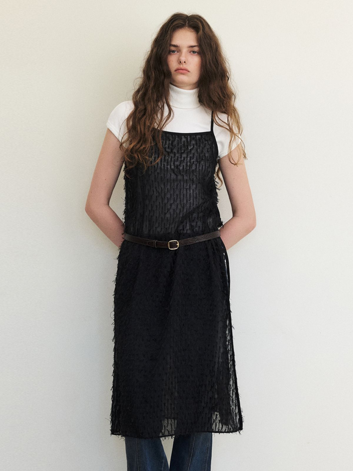 에트몽(ETMON) Fringe Lace Slip Dress, Black