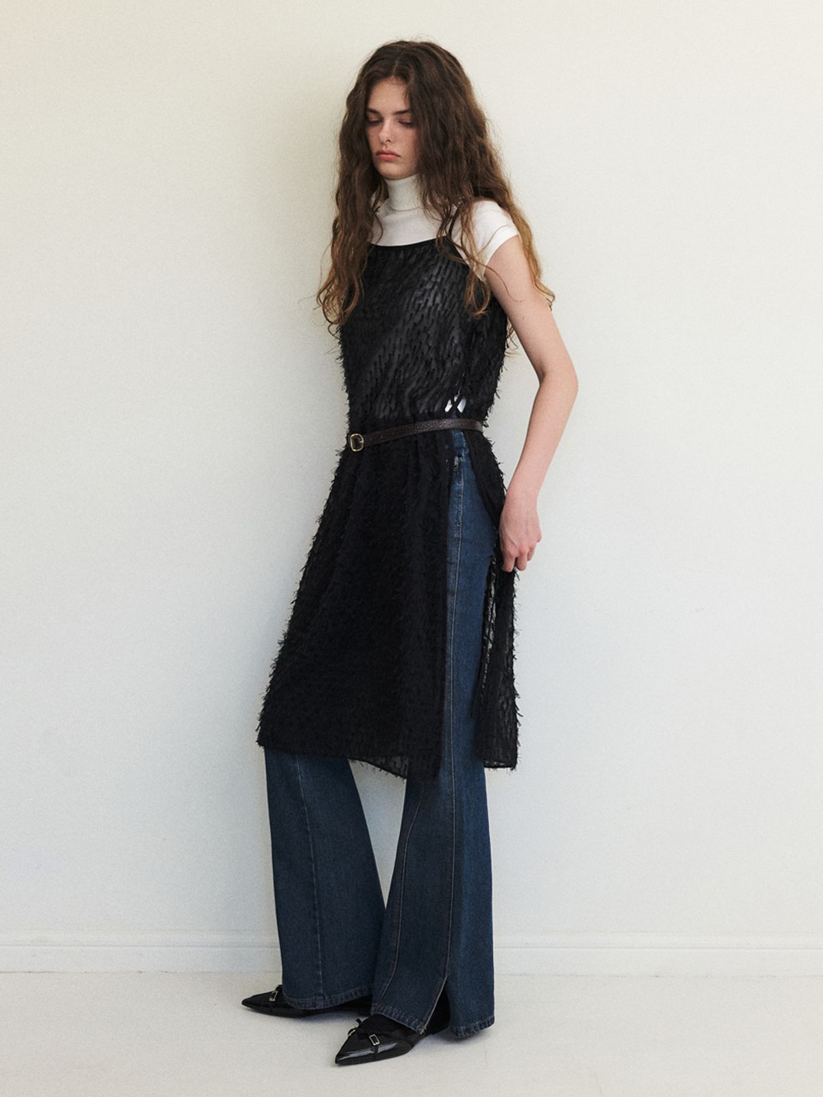 에트몽(ETMON) Fringe Lace Slip Dress, Black