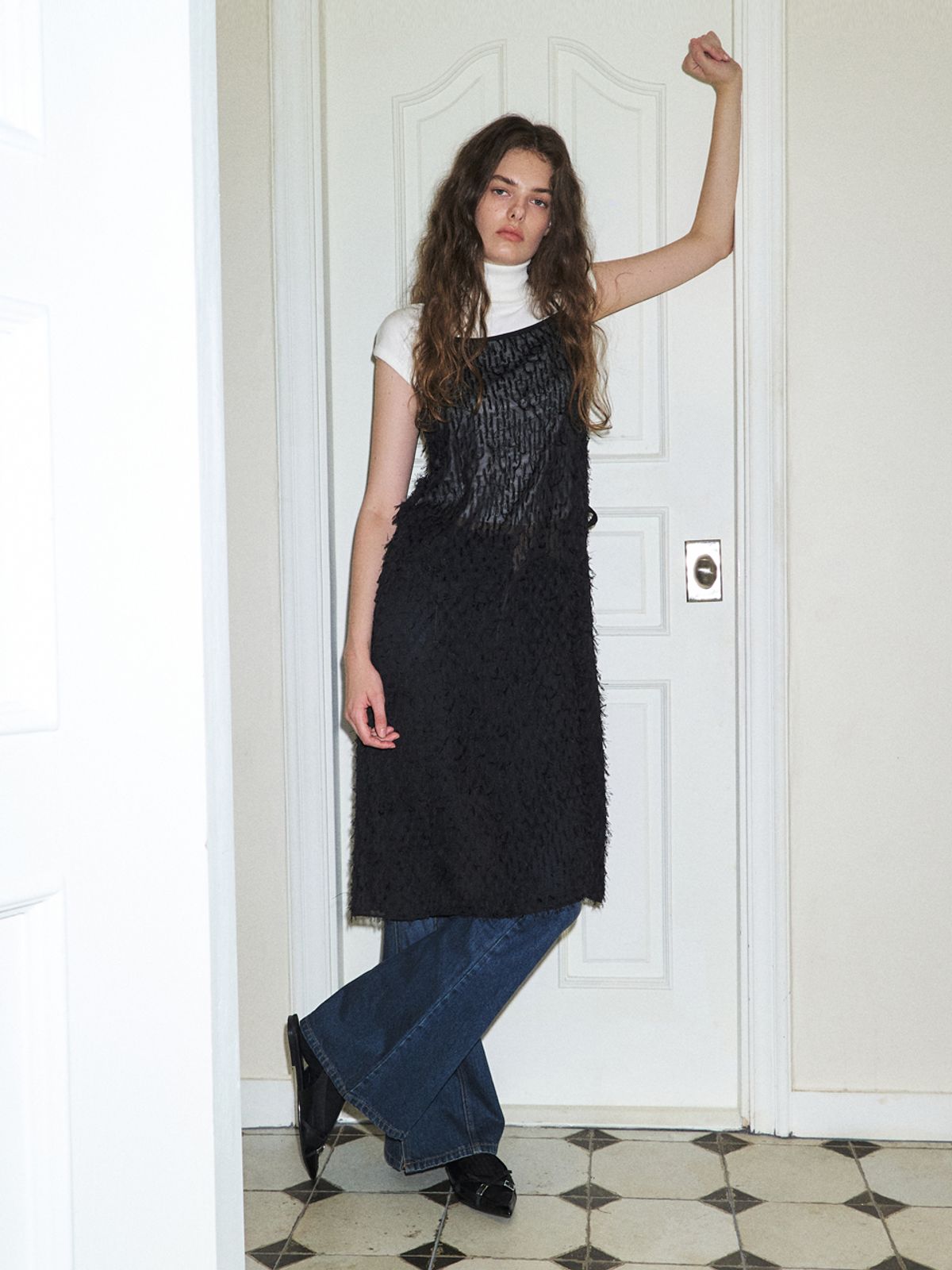 에트몽(ETMON) Fringe Lace Slip Dress, Black