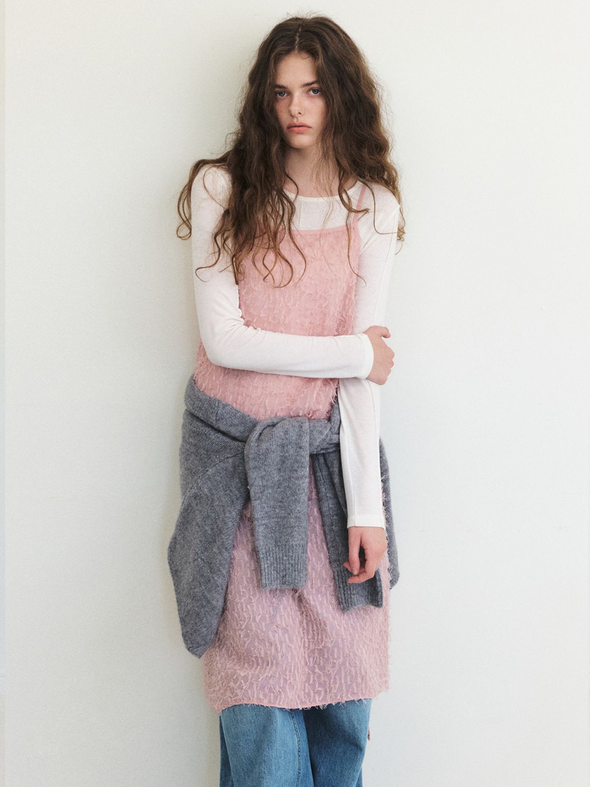 에트몽(ETMON) Fringe Lace Slip Dress, Pink