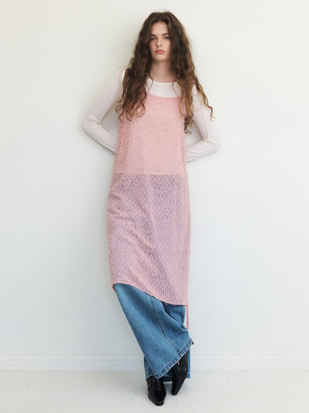 에트몽(ETMON) Fringe Lace Slip Dress, Pink