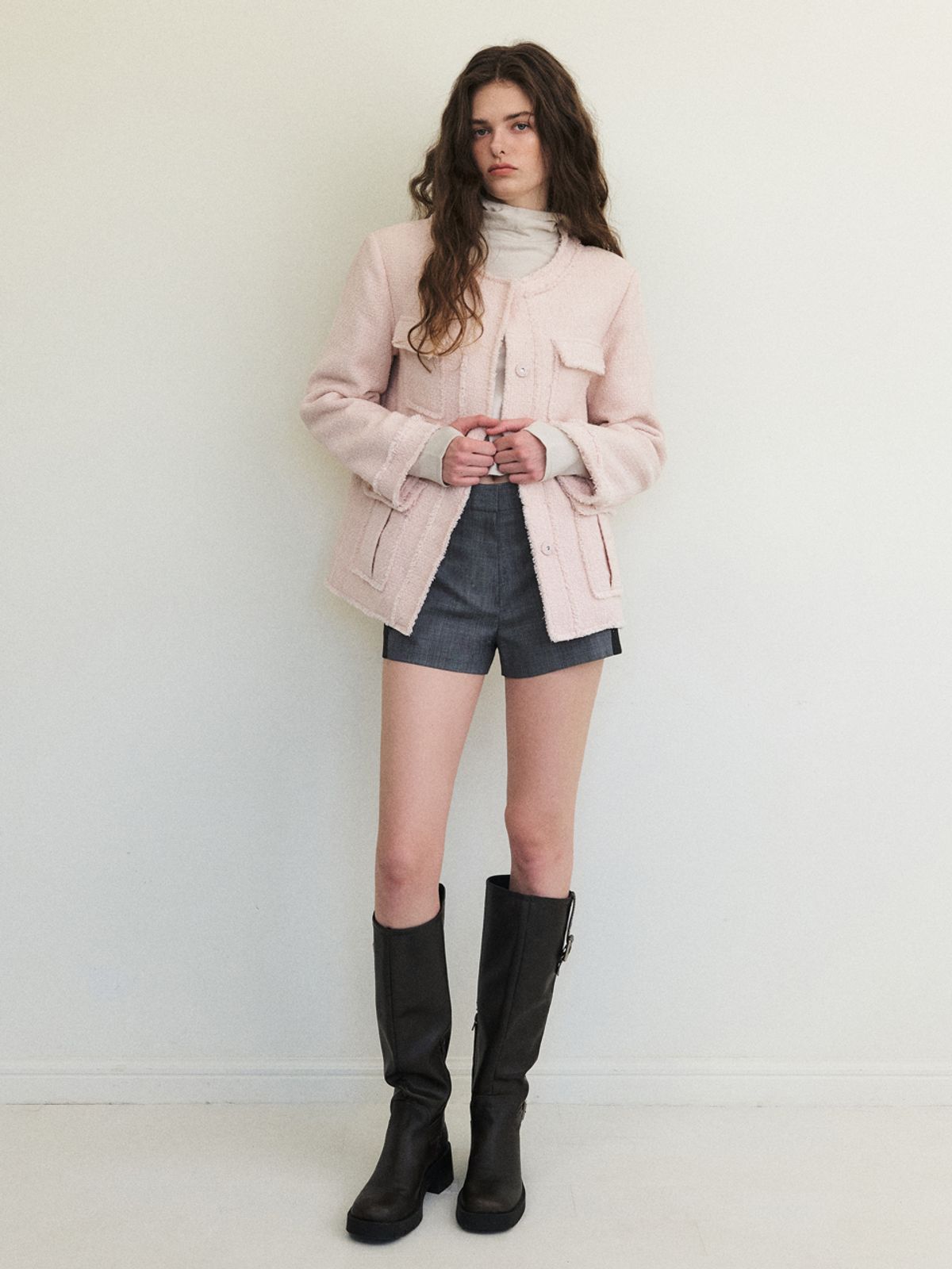 에트몽(ETMON) Cut-Off Pocket Tweed Jacket, Light Pink