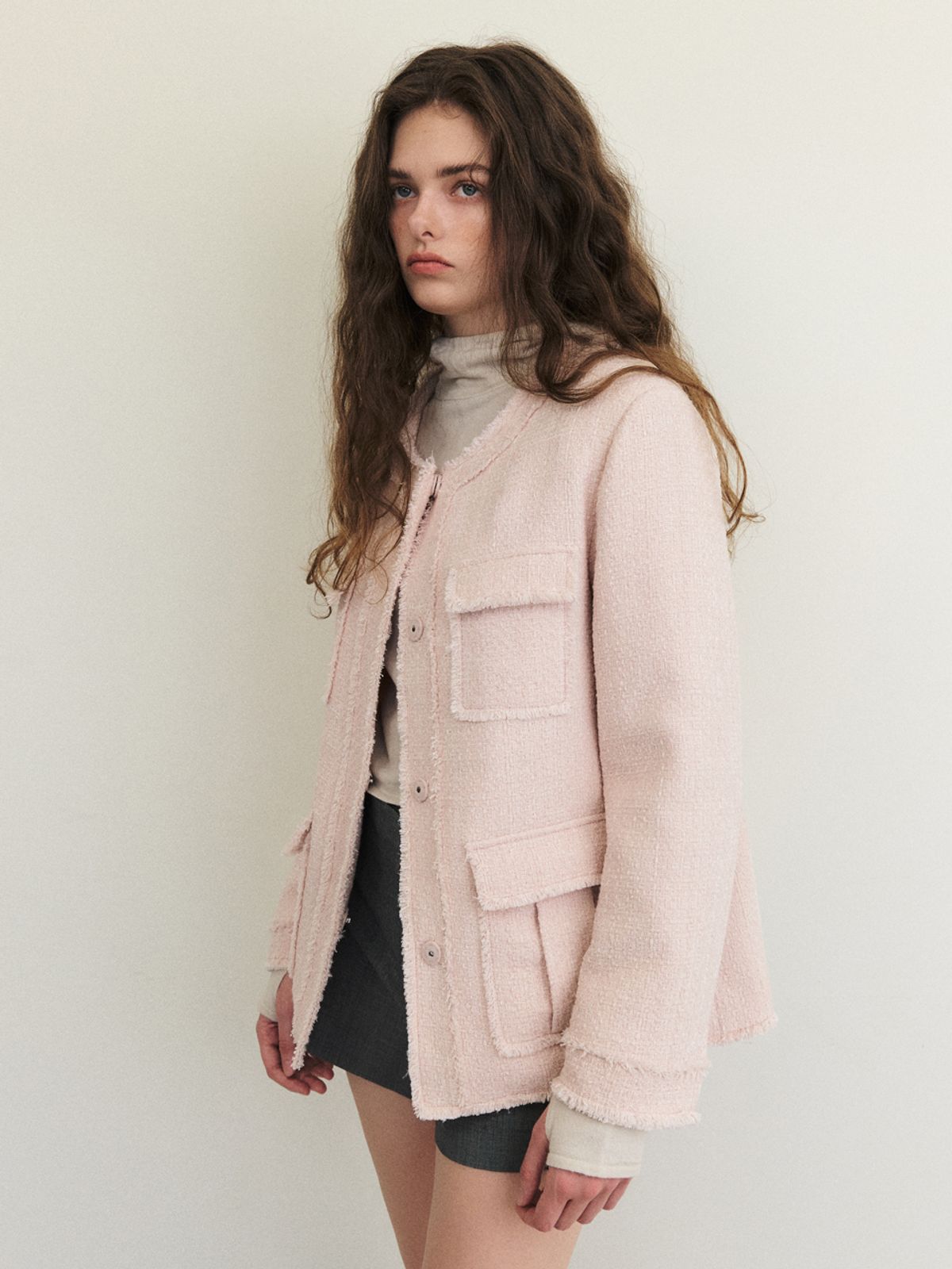 에트몽(ETMON) Cut-Off Pocket Tweed Jacket, Light Pink