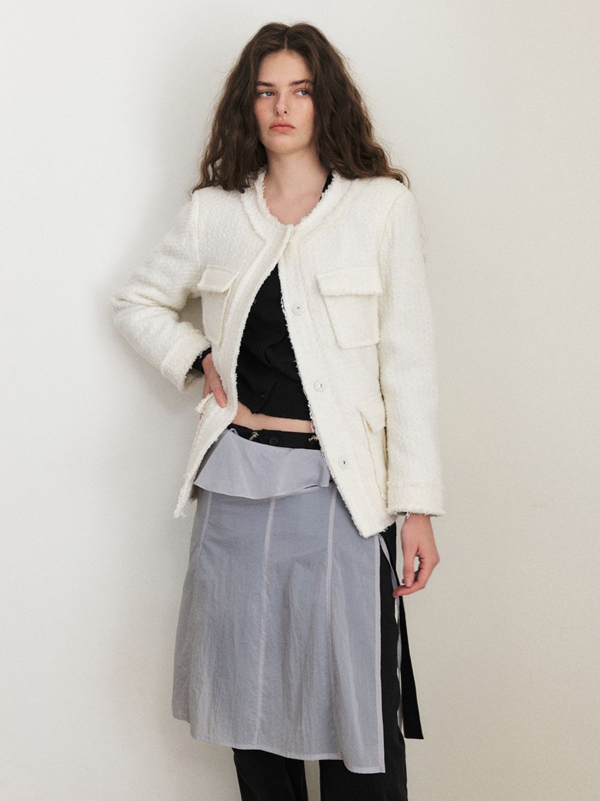 에트몽(ETMON) Cut-Off Pocket Tweed Jacket, Ivory