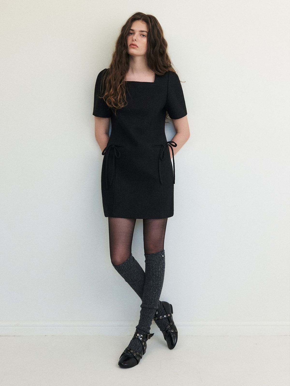 에트몽(ETMON) Strap Tweed Mini Dress, Black