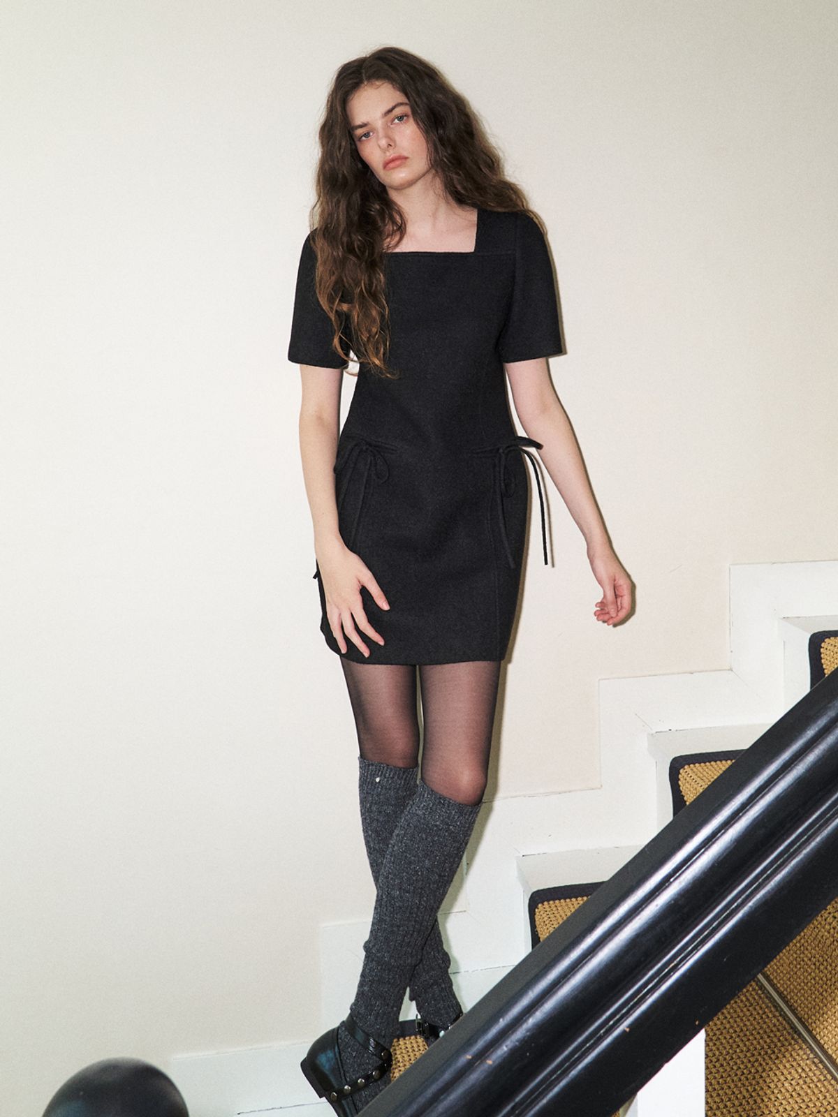 에트몽(ETMON) Strap Tweed Mini Dress, Black