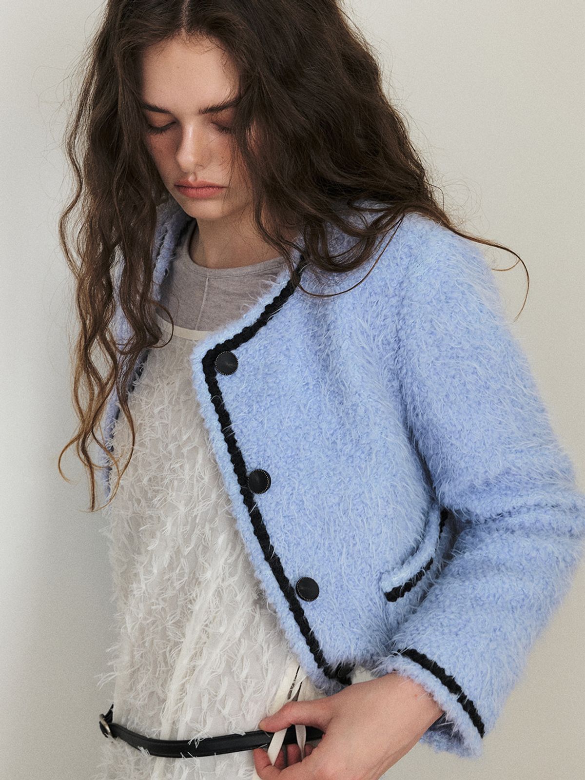 에트몽(ETMON) Tweed Fur Jacket, Sky Blue