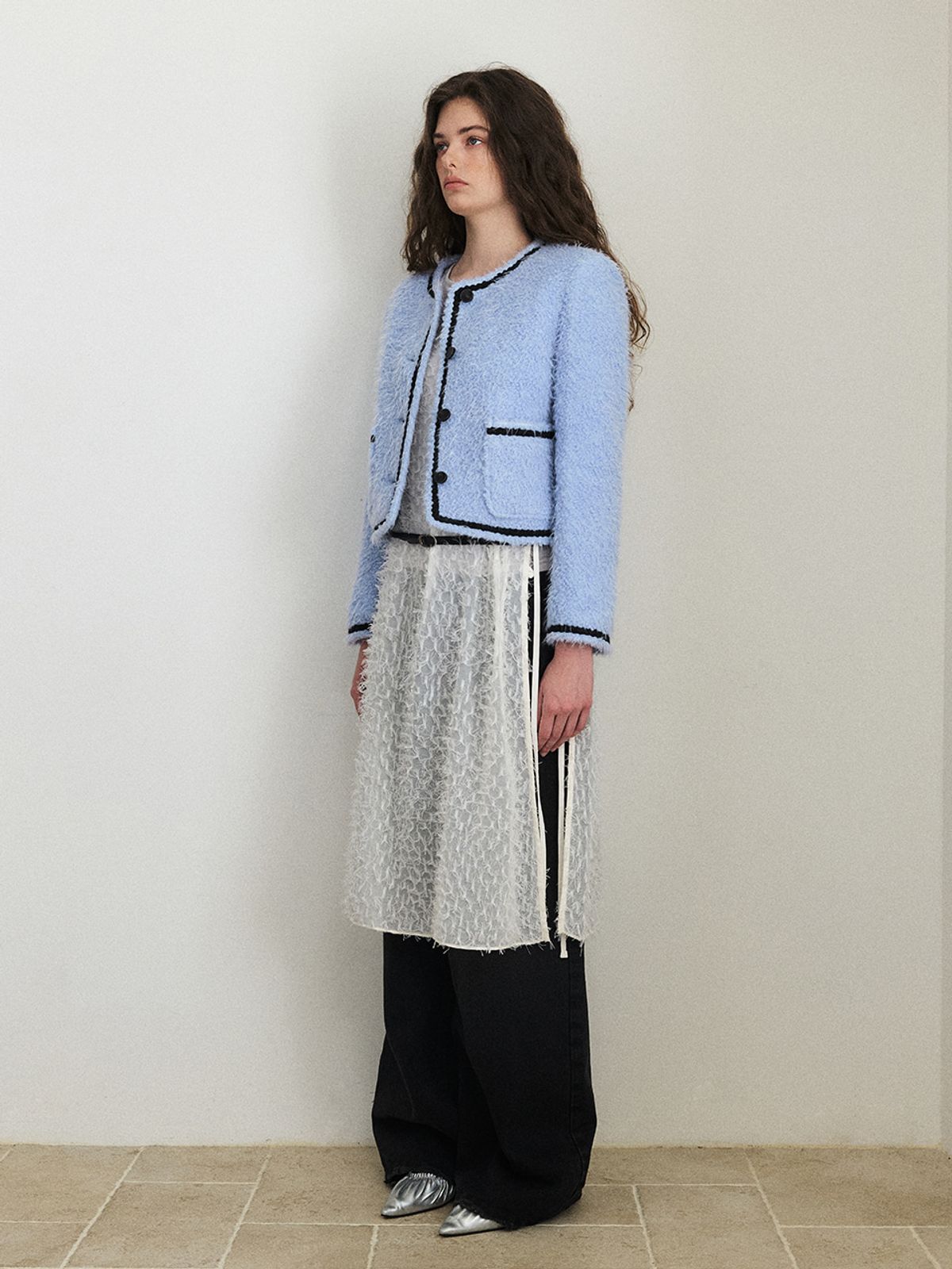 에트몽(ETMON) Tweed Fur Jacket, Sky Blue