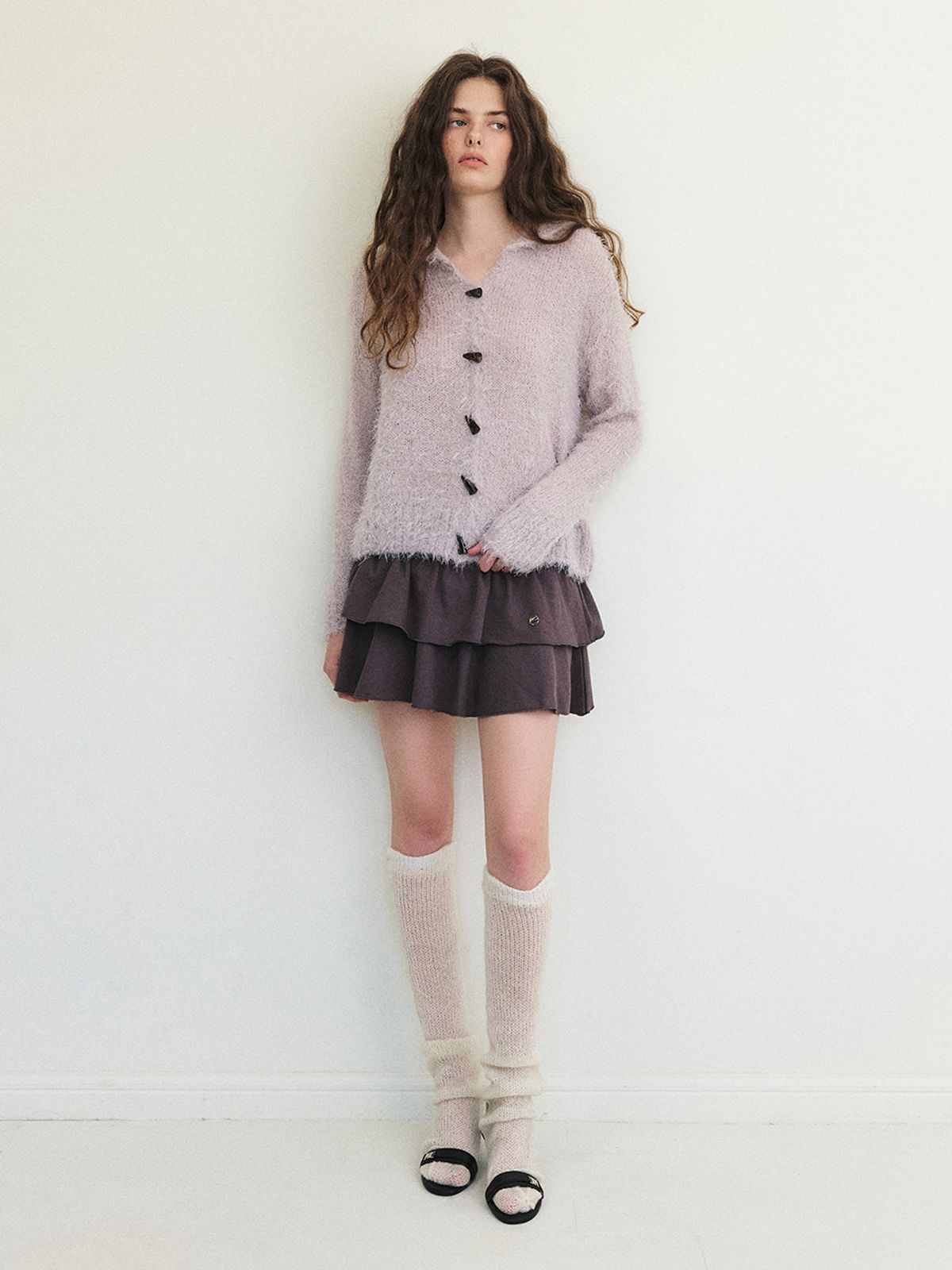 에트몽(ETMON) Fluffy Sailor Knit Cardigan, Grape Grey