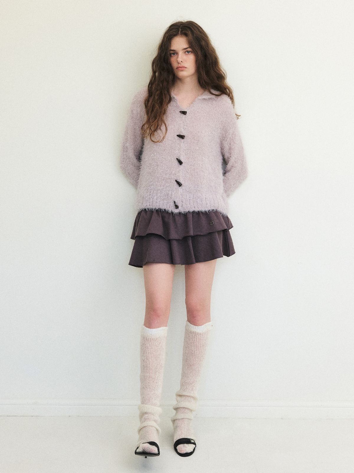 에트몽(ETMON) Fluffy Sailor Knit Cardigan, Grape Grey