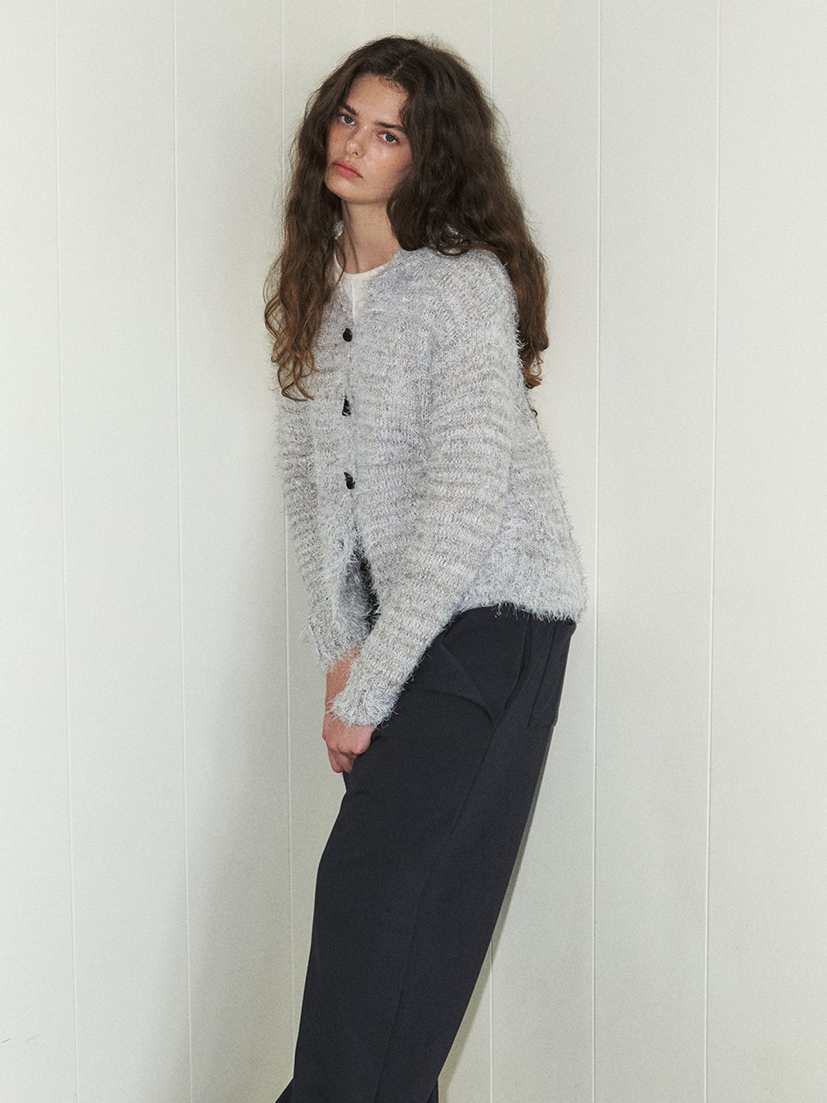 에트몽(ETMON) Fluffy Sailor Knit Cardigan, Light Grey