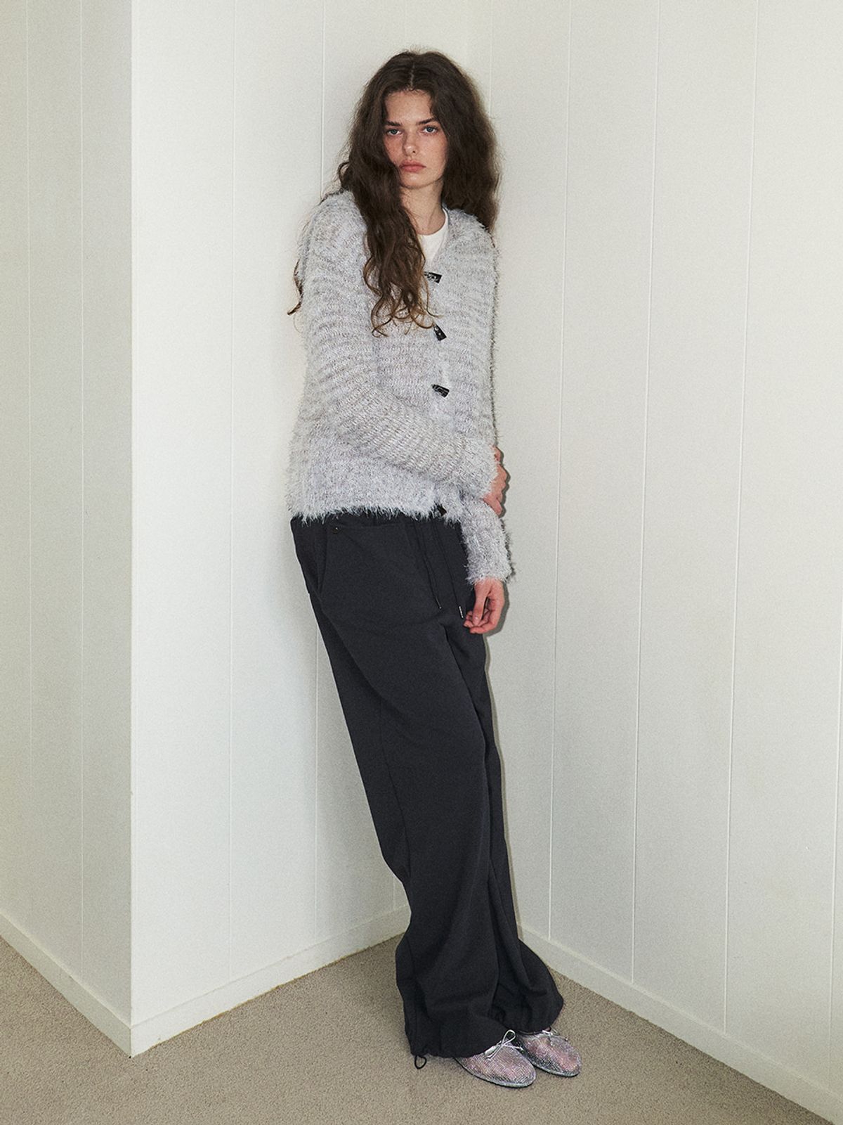 에트몽(ETMON) Fluffy Sailor Knit Cardigan, Light Grey