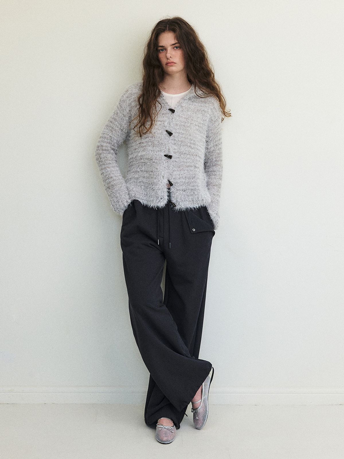 에트몽(ETMON) Fluffy Sailor Knit Cardigan, Light Grey
