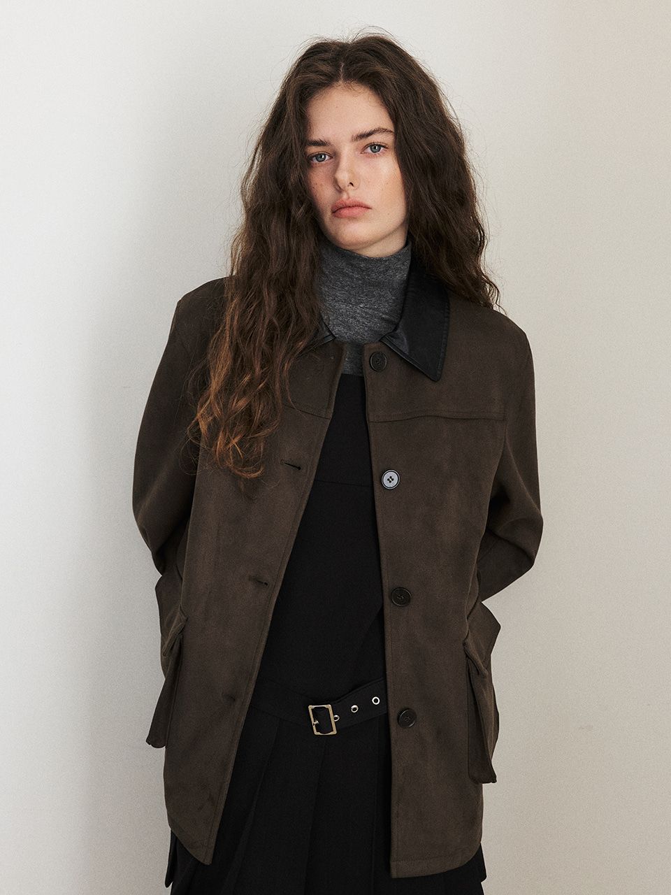 MUSINSA | ETMON Belted Collar Suede Jacket Brown