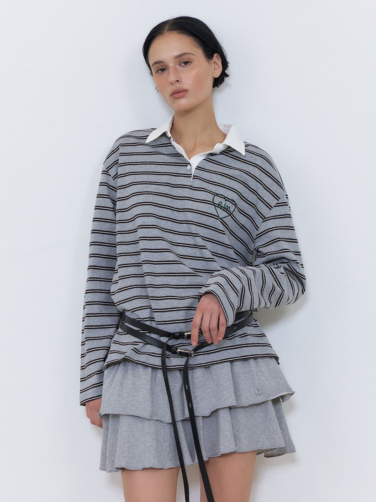 에트몽(ETMON) Love Stripe Collared T-Shirt, Grey