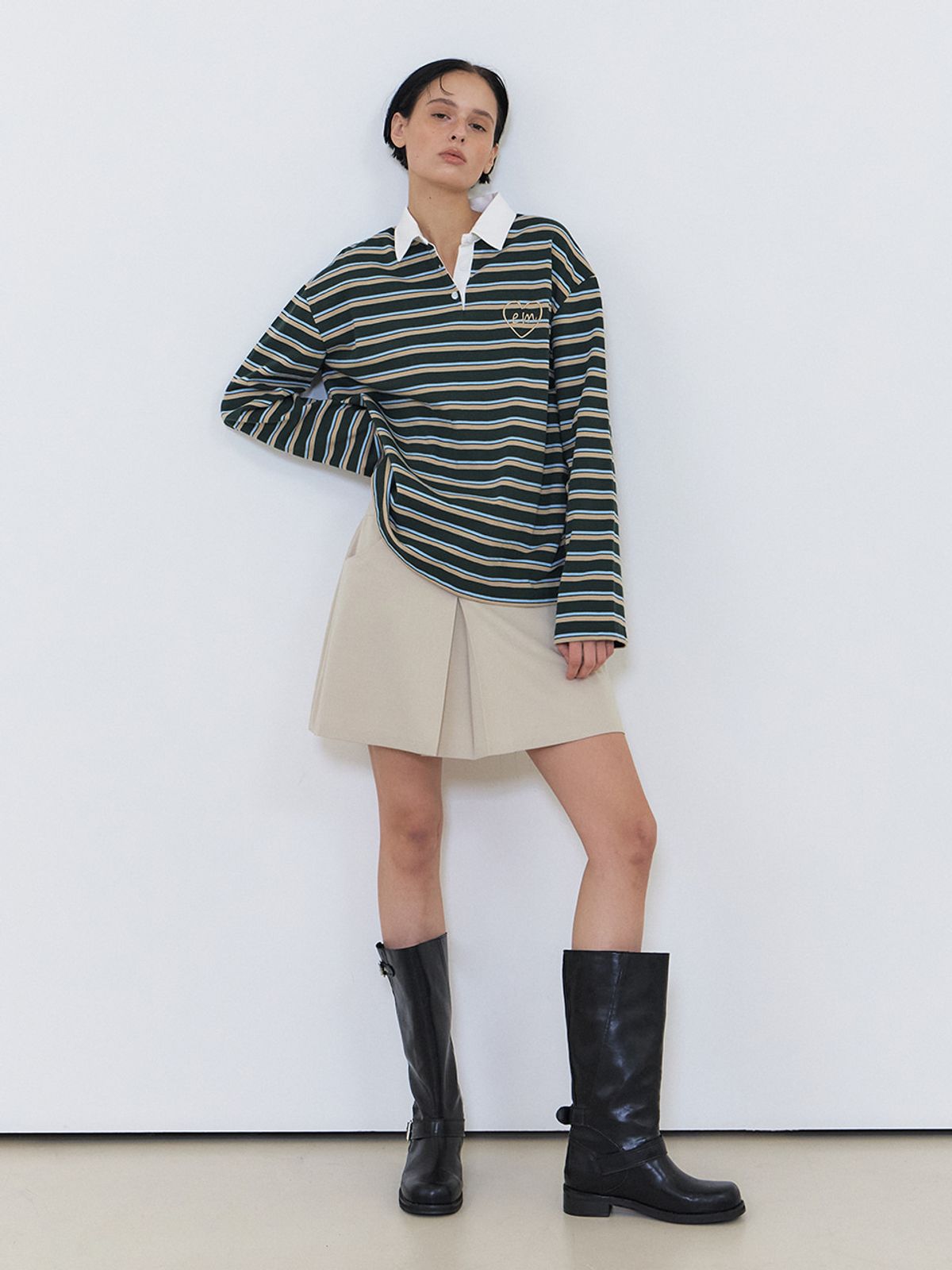 에트몽(ETMON) Love Stripe Collared T-Shirt, Green