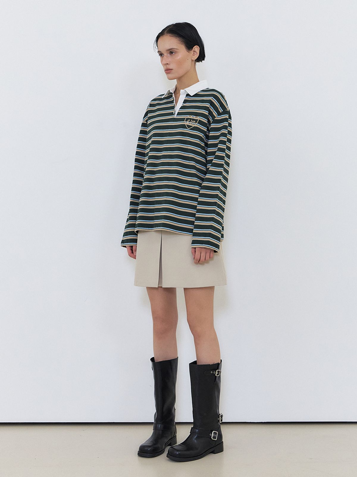 에트몽(ETMON) Love Stripe Collared T-Shirt, Green