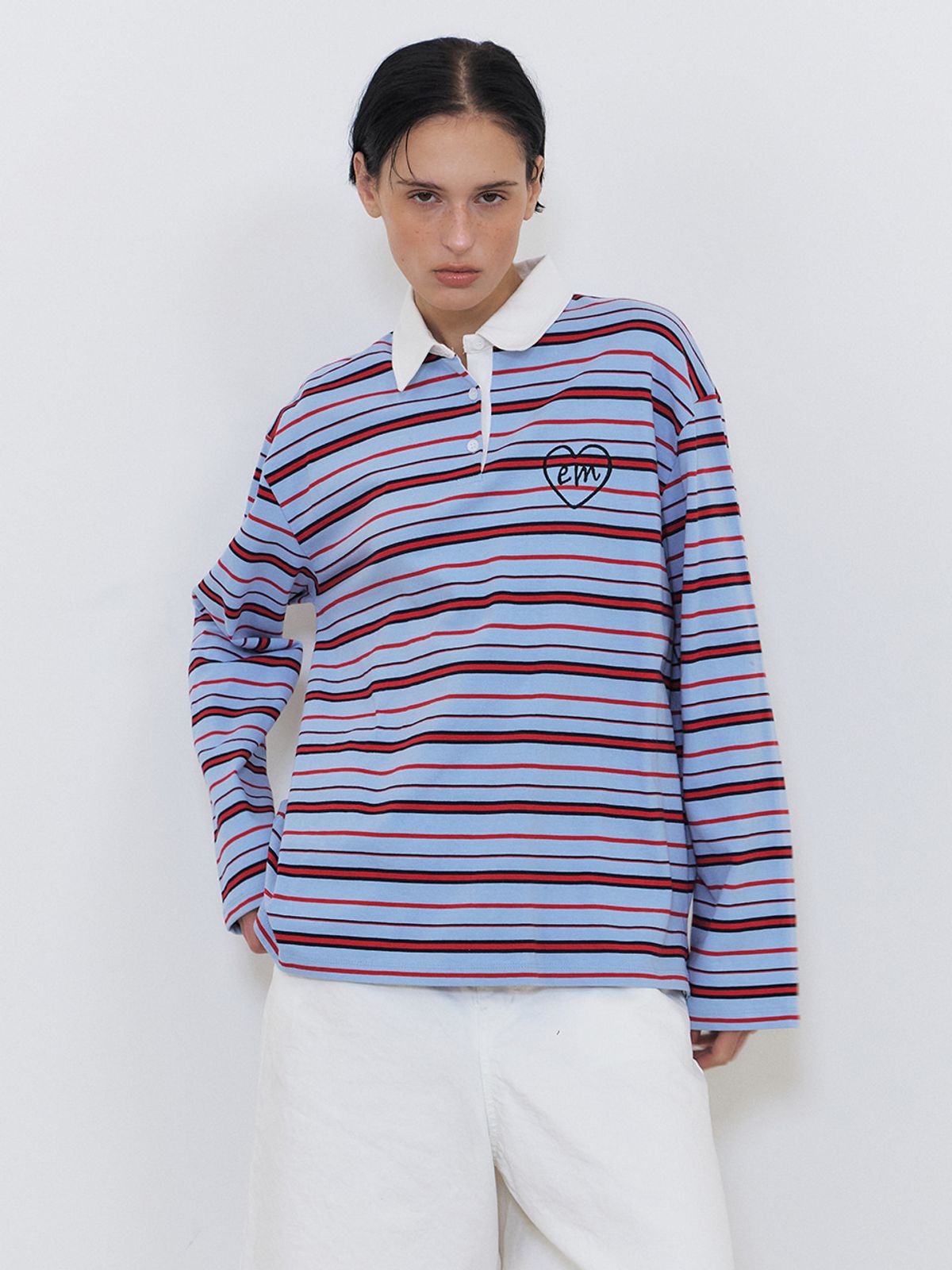 에트몽(ETMON) Love Stripe Collared T-Shirt, Sky Blue