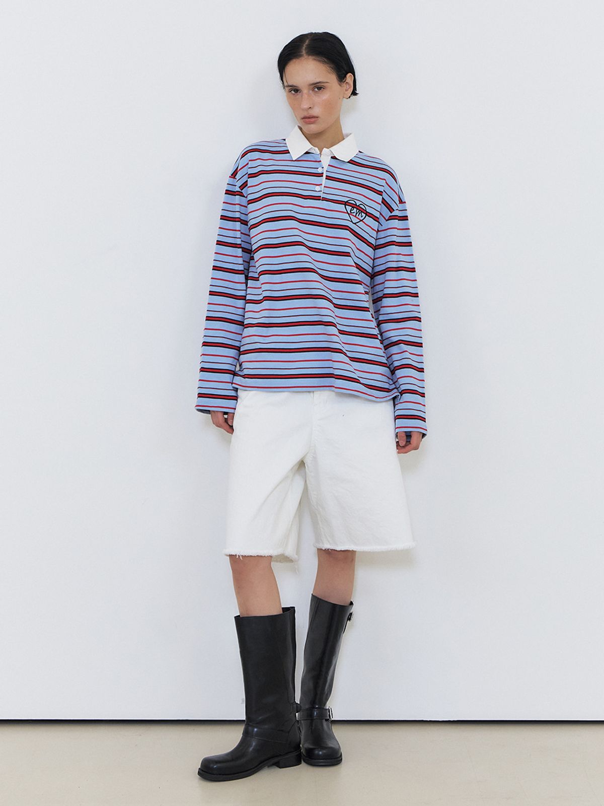 에트몽(ETMON) Love Stripe Collared T-Shirt, Sky Blue